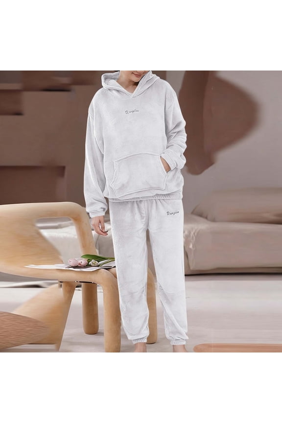 Pajama Sets Women Juniors Soft Comfy Fleece Pjs Pullover Pants Loose 2 Piece Sleepwear White