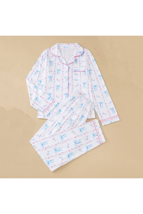Pajama Sets Women Long-Sleeve Button Front Shirt and Pant Pajama Set White
