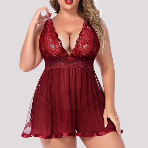 uublik Pajamas For Women Sets Soft Valentine's Day Bodysuit V Neck Nightgown Nightwear Sleepwear Wine