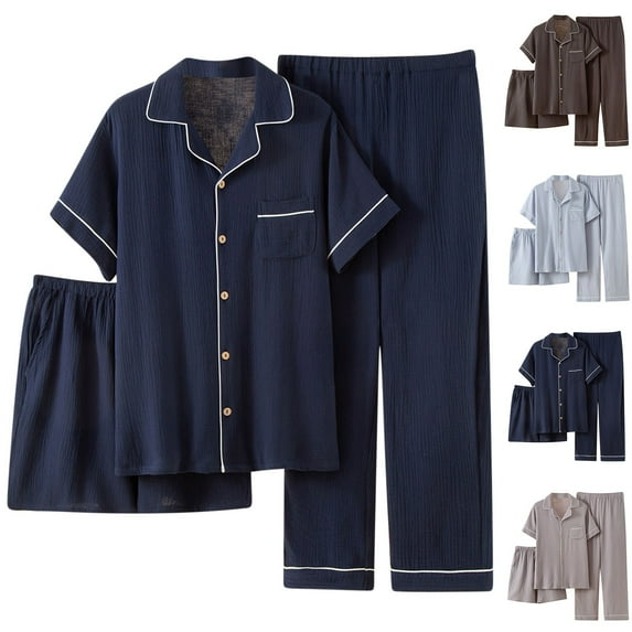 uublik Pajamas for Men Set 3pcs Short Sleeve Sleepwear Silk Button Down Pjs Sets Classic Loungewear Nightwear, Navy