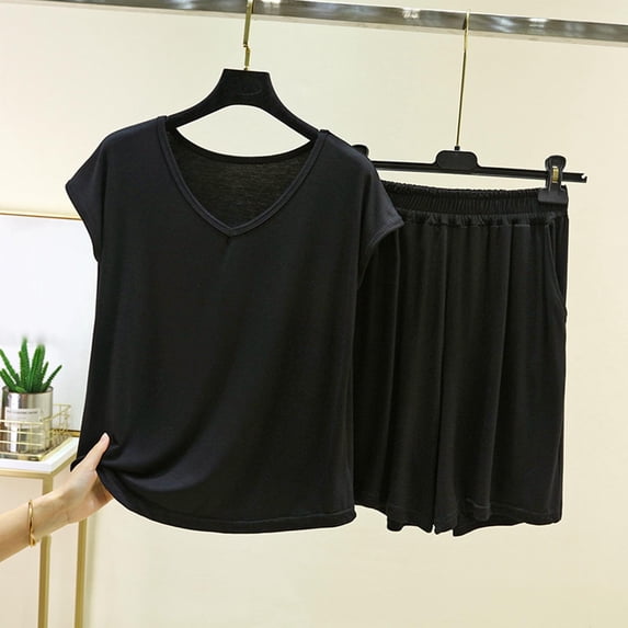 uublik Pajamas for Women Set Shorts Short Sleeve Top and Loose Shorts Casual Comfy Soft Sleepwear for Nightwear Black