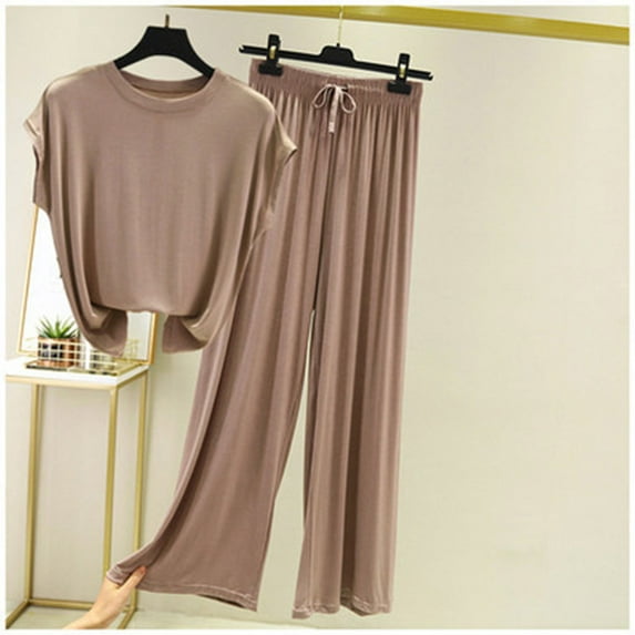 uublik Pajamas for Women Soft Comfy Set Casual Short Sleeve Pullover Tops and Drawstring Wide Leg Pants Lounge Sets Khaki, XXL