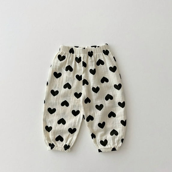uublik Pants for Girls Heart-Shaped Printed Double-Layer Gauze Mosquito Repellent Pants for Girls Soft Casual Trousers White, Size 6M-3T