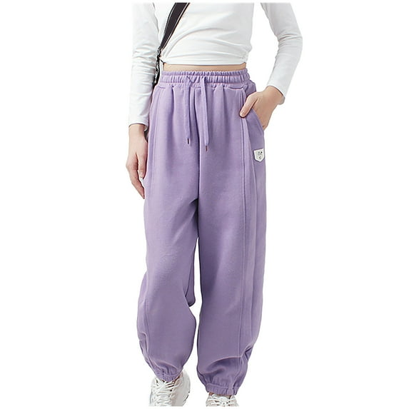 uublik Pants for Girls with Pockets Fleece Lined Cozy Drawstring Waist Solid Colour Keep Warm Jogger Cargo Pants