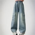 thumbnail image 1 of uublik Pants for Teen Girls 5-16 Years Elastic Waist Pants Casual Loose Denim Pants with Pockets Comfy Trousers Navy, 1 of 5