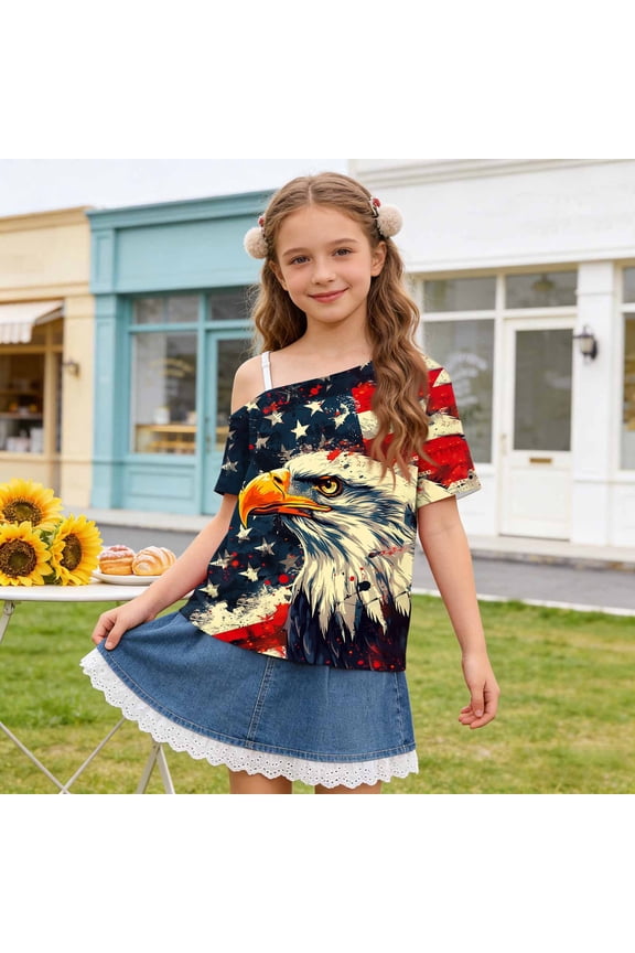 Patriots Shirts for Girls Off The Shoulder Tops Short Sleeve Cute Summer T Shirts for Teens Girls Tops Trendy, Size 5T-14