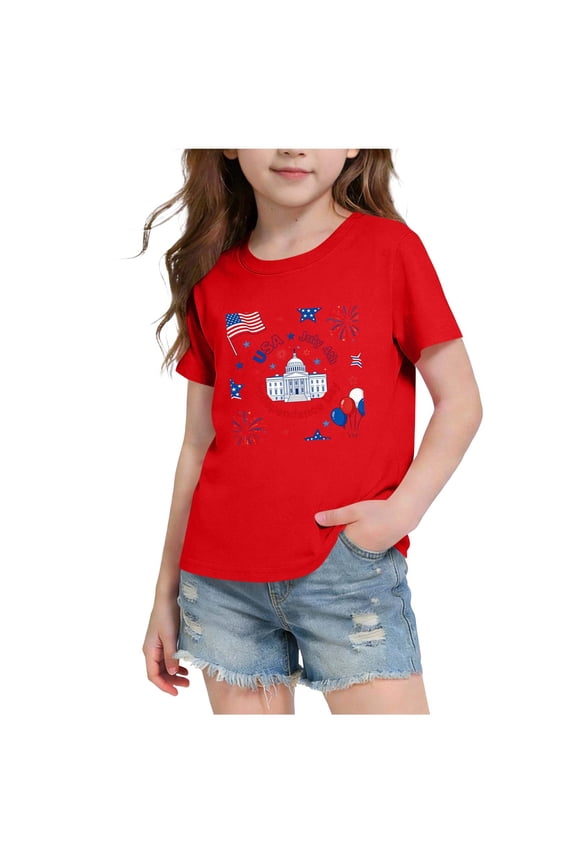 Patriots Shirts for Girls Short Sleeve Crewneck Cute T Shirts Tops for Teens Summer Tops, Size 2T-14