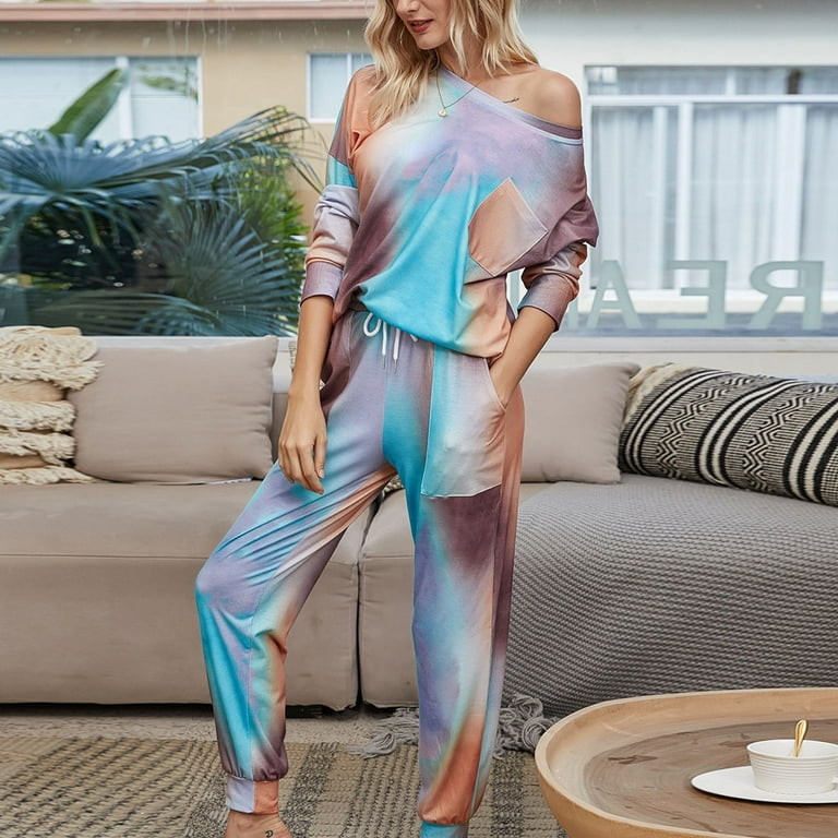 uublik Pcs Women Tie Dye Sweatsuit Set Long Sleeve Top Drawstring Sweatpants Sets