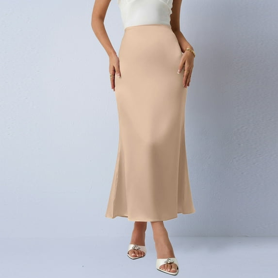 uublik Pencil Skirt for Women Elastic High Waist Pleated A-Line Flared Maxi Skirts Beige