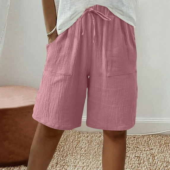 uublik Pleated Shorts Women Summer Casual Beach Elastic Waist Drawstring Comfy Trendy Long Shorts Pink