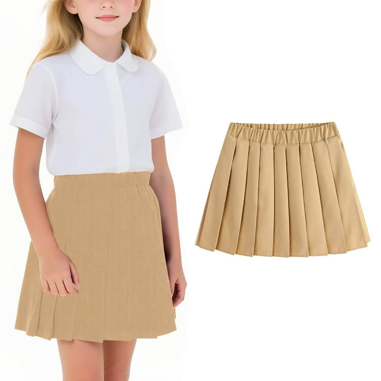 Pleated Skirt Girls Tan Skirt Summer High Waist A-Line Pleated