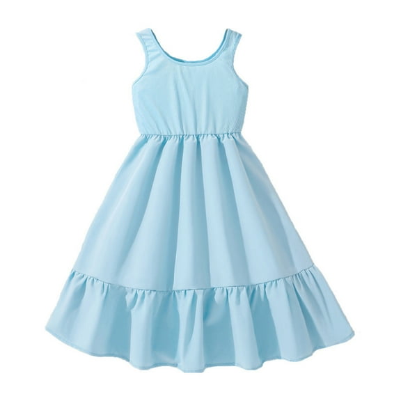 uublik Princess Dresses for Girls Size 8-12 Sleeveless Loose Flowy Tiered Casual Holiday Dresses Sky Blue
