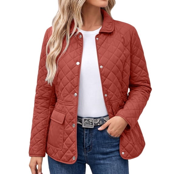 uublik Puffer Coat Women Red Lightweight Winter Warm Quilted Button-Up Puffer Jacket with Collar