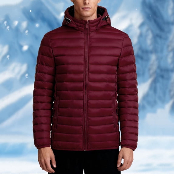 uublik Puffer Jacket Men Winter Warm Snow Coat Windbreaker Hooded Work Outerwear Snowboarding Jackets Red