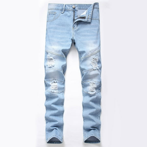 uublik Ripped Distressed Jeans for Men Slim Fit, Men's Fashion Design Streetwear Destroyed Jeans Pants Stretch Fit Light Blue