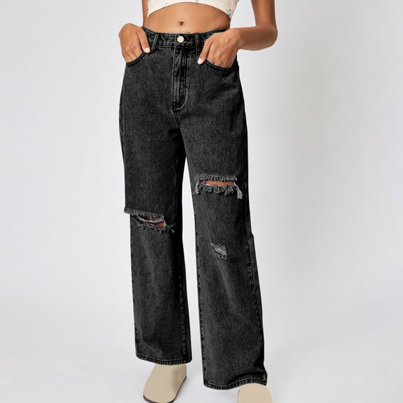 uublik Ripped Jeans for Women High Waisted Stretchy Straight Leg Jeans Trendy Seamed Front Loose Denim Pants, Black