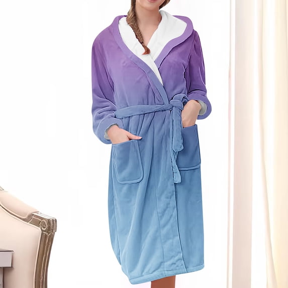 uublik Robe for Her Flannel Robes Casual Long Sleeves Robes Winter Woman Bathrobe Nightwear Sky Blue