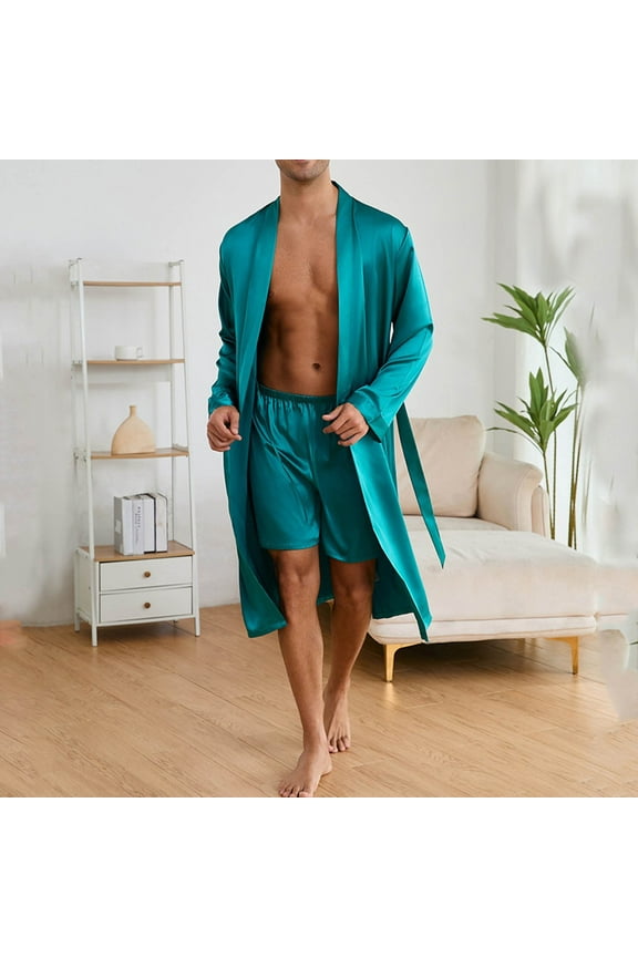Robe for Men Satin Robe with Shorts Set Bathrobe Long Sleeve Sleepwear Pjs Sets with Pockets, Blue
