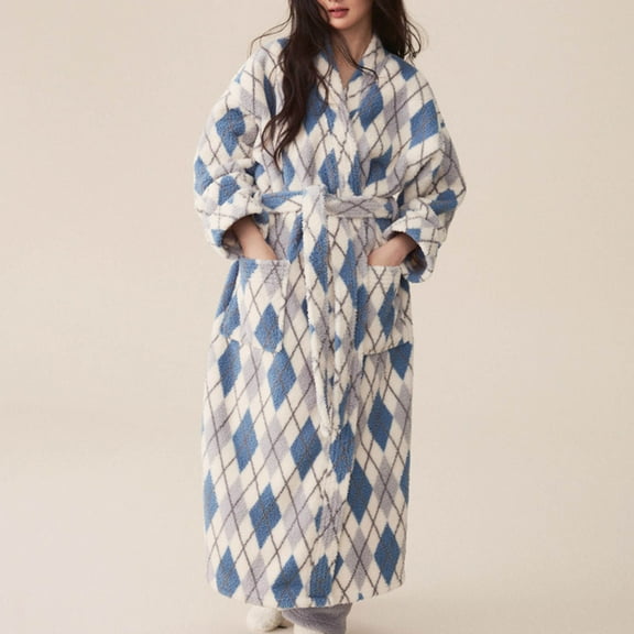 uublik Robe for Women Flannel Robes Casual Long Sleeves Robes Winter Woman Bathrobe Nightwear Blue