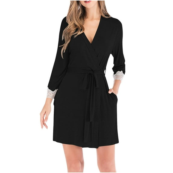 uublik Robes for Women Bathrobe 3/4 Sleeve Sleepwear Soft Loungewear with Pockets Black