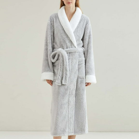 uublik Robes for Women Flannel Robes Casual Long Sleeves Robes Winter Woman Bathrobe Nightwear Gray