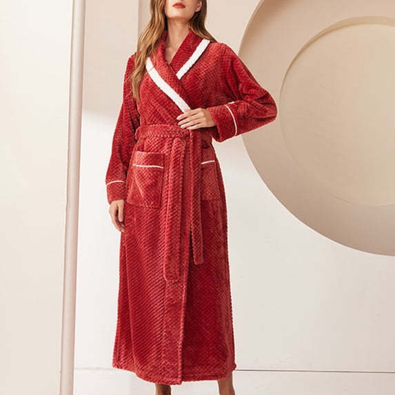 uublik Robes for Women Flannel Robes Casual Long Sleeves Robes Winter Woman Bathrobe Nightwear Red
