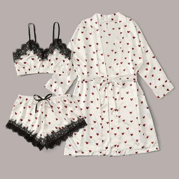uublik Robes for Women Pjs Sets 3Pcs Cami Shorts Sleepwear Summer Cute Loungewear White