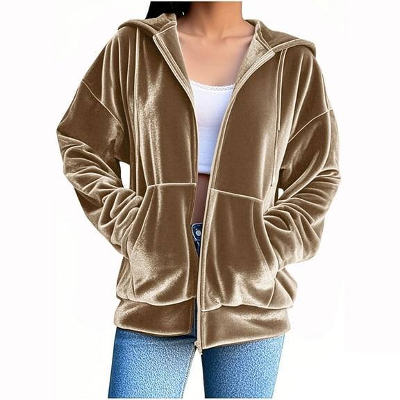 uublik Running Shirts Women Long Sleeve Zip Up Hoodies Sweatshirt Fall Winter Outfits Casual Velvet Hooded Jackets with Pocket Beige