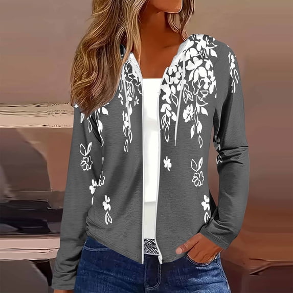 uublik Shirts Women Long Sleeve Loose Fall Winter Zipper Hooded Top Cardigan Gray