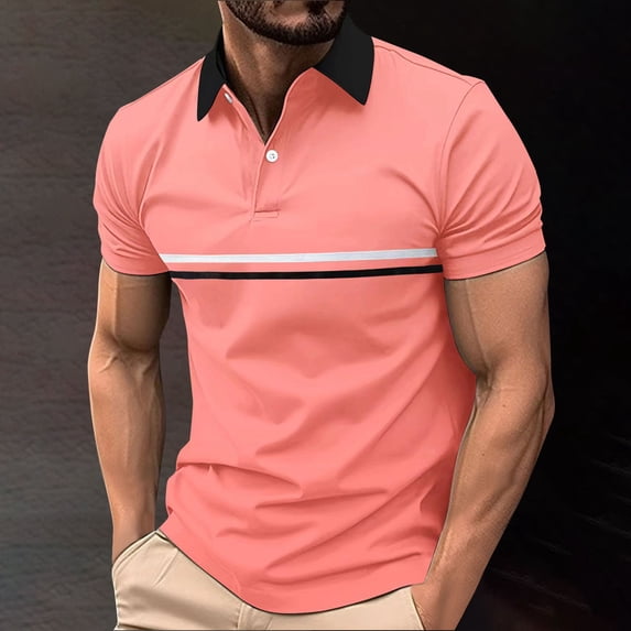uublik Shirts for Men Short Sleeve Striped Performance Golf Shirts for Men Pink XXL