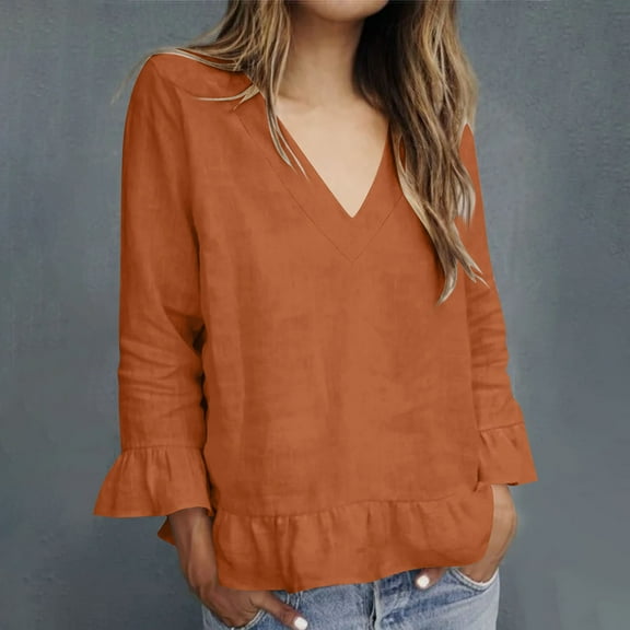 uublik Shirts for Women Long Sleeve V-Neck Fall Outfits Casual Blouses Shirts Fall Clothes Orange