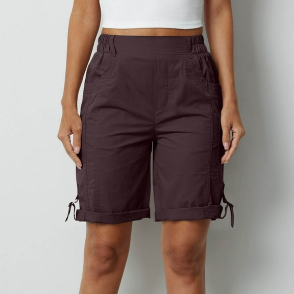 uublik Shorts for Women Bermuda Knee Length Long Hiking Shorts with Pockets Elastic Waist for Summer Casual Trendy Outfits Purple