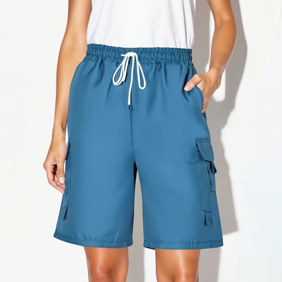 uublik Shorts for Women Cargo Shorts Bermuda Knee Length Long Hiking Shorts with Pockets Elastic Waist for Summer Casual Trendy Outfits Blue