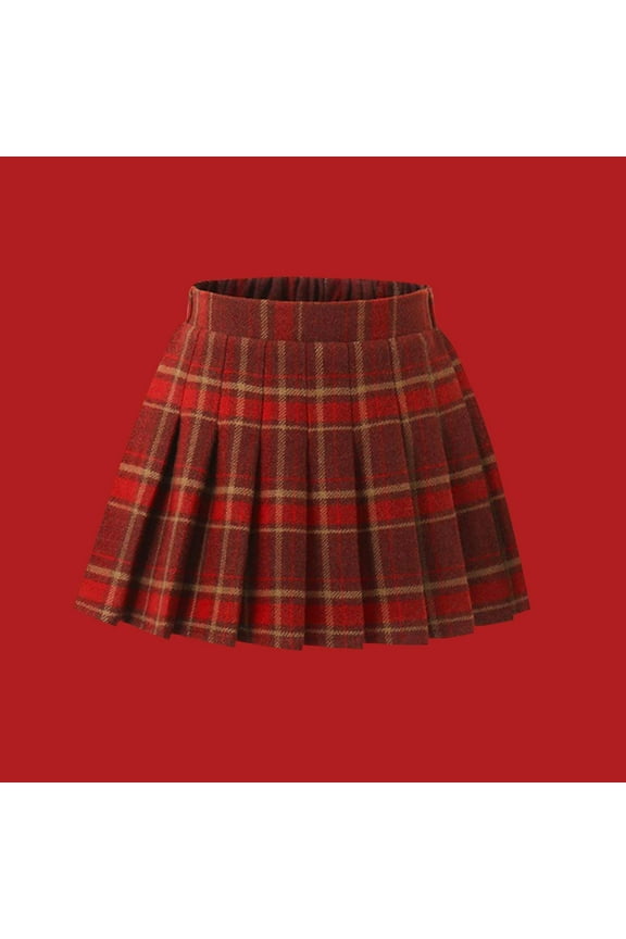 Skirts for Girls Wine Wool Plaid Mini Skirt Fall Winter High Waisted Pleated Uniform Skirts Size 3T-15