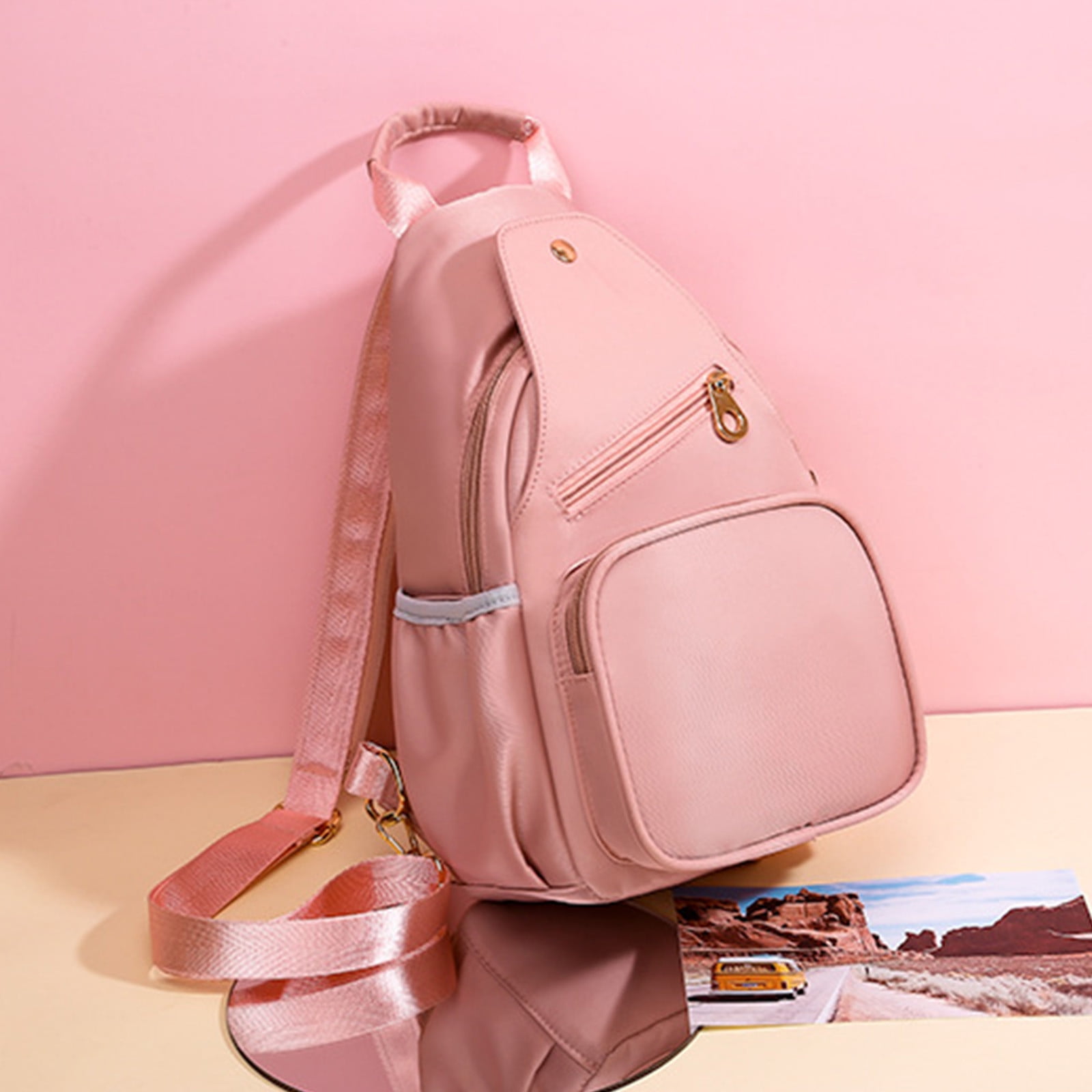 uublik Sling Bag for Women, Classic Basic Water Casual Daypack For Travel With Bottle Side Pockets Classic Basic Backpack For School Travel Work, Pink