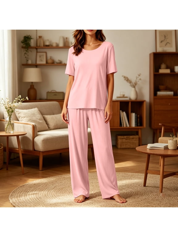 Soft Pajama Set for Women Short Sleeve Loose Top Long Pants Loungewear Sets Sleepwear Pjs Pink