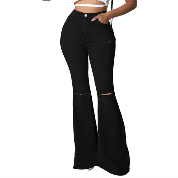 uublik Straight Jeans for Women High Waisted Pull On Bell Bottom Jeans Trendy Elastic Denim Pants, Black