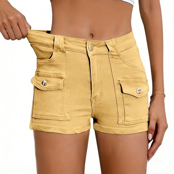 uublik Stretchy Jean Shorts for Women High Waisted Pull On Jorts with Pockets Denim Shorts Women Summer Casual Shorts, Khaki