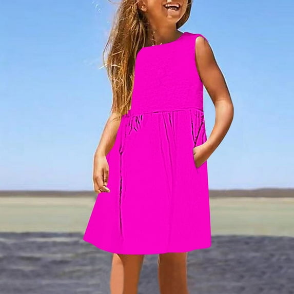 uublik Summer Dresses for Teen Girls Size 3T-14 Sleeveless A-Line Flowy Sundress Kids Casual Tank Dresses Beach Playwear Outfit Hot Pink