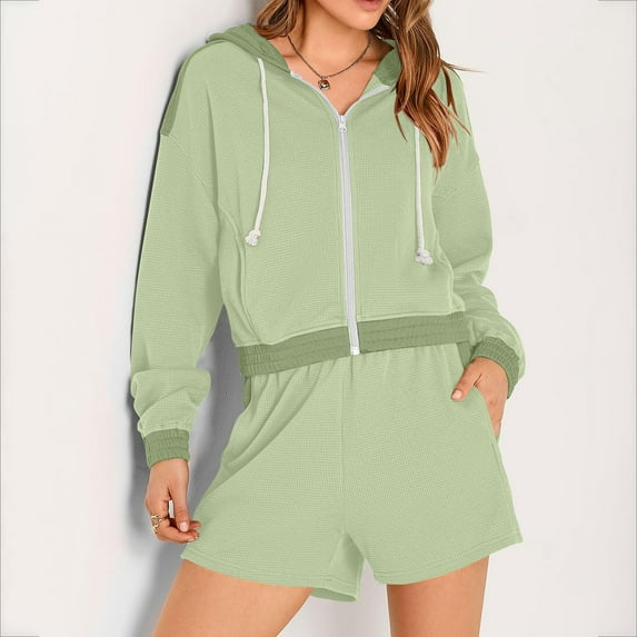 uublik Summer Savings Casual Outfits for Women Long Sleeve Coat and Shorts Hooded Set Tracksuit Green, L