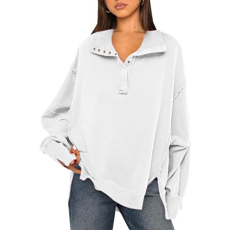 uublik Sweatshirt Women White Long Sleeve Button V Neck Plus Size Pullover 2024 Trendy Fall Outs Tops