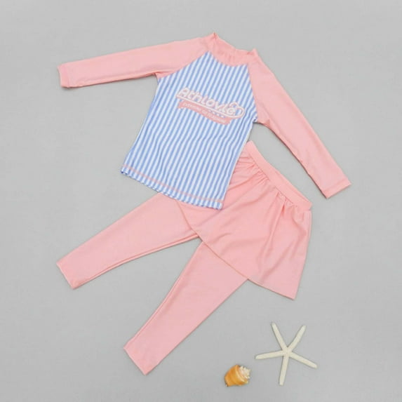 uublik Swimsuit Girls Printed Long Sleeved Swimsuit Skirt Style Long Pants Surfing Split Set Sun Protection Swimwear, Sizes 3-11