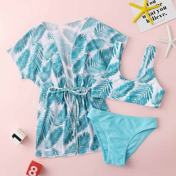 uublik Swimsuit Toddler Girl Short Sleeve Print Swimsuit Bikini Bathing Suit Swimming 3 Piece Set Sky Blue, Sizes 3M-7
