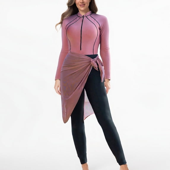 uublik Swimsuit Women Shapewear Modest Long Sleeve Swimsuits for Women Bathing Suit Rash Guard Surfing 3-Piece Swimwear, Pink