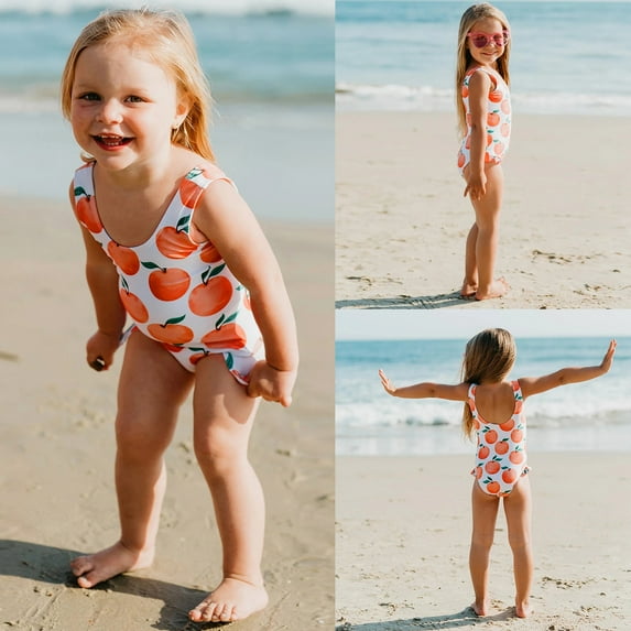 uublik Summer Clearance Swimsuit for Toddler Girl Orange Printed Ruffles Swimsuit Swimwear, Sizes 12M-5T