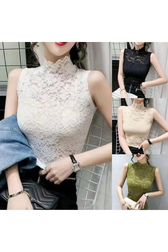 Tank Tops for Women Beige Mock High Neck Tank Tops 2025 Lace Undershirt Basic Layer Tee