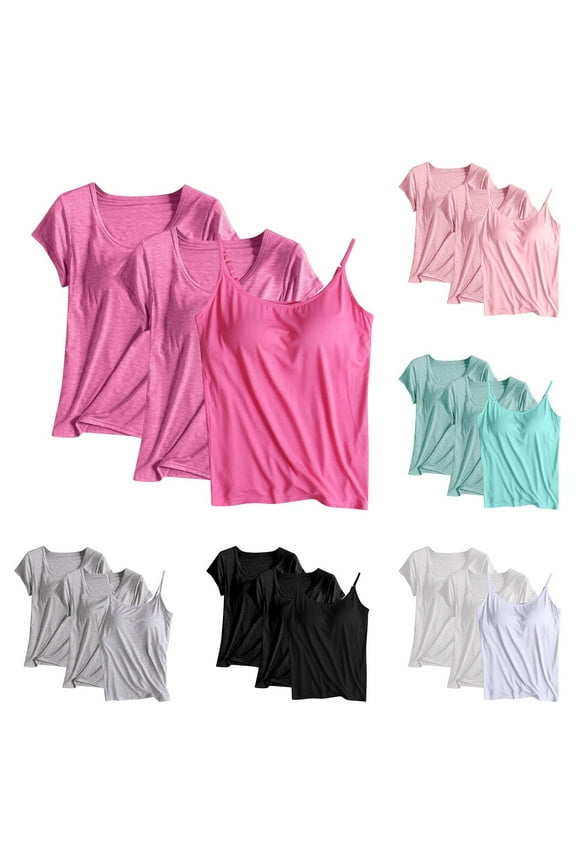 Tank With Built In Bra for Women Pink Undershirt 3 Pack Fashion Casual Sleeveless Under Shirts