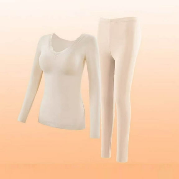 uublik Thermal Underwear Set for Women Long Johns Base Layer Pajama Set for Women Fall Top Bottom, Beige