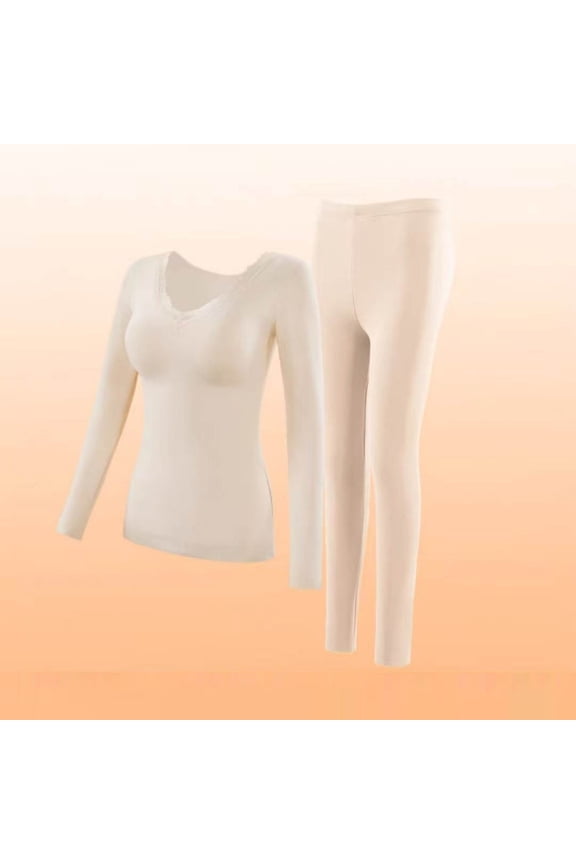 Thermal Underwear Set for Women Long Johns Base Layer Pajama Set for Women Fall Top Bottom, Beige