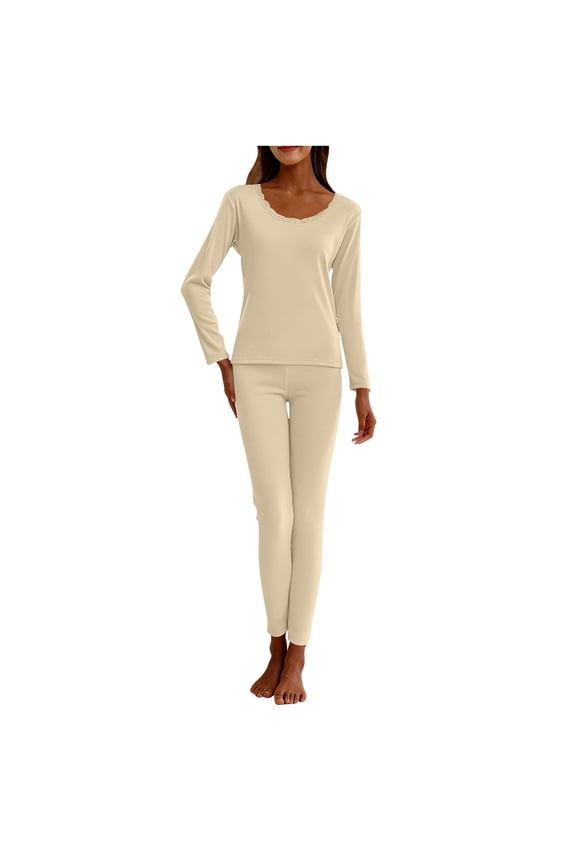 Thermal Underwear Womens Fleece Lined Long Johns Base Layer Top Bottom Cold Weather Gear for Hunting Running Skiing, Beige